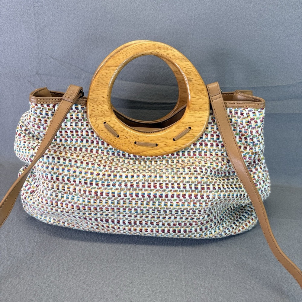 Vintage FOSSIL Wood Handled Weave Crossbody Shoulder Purse Handbag READ